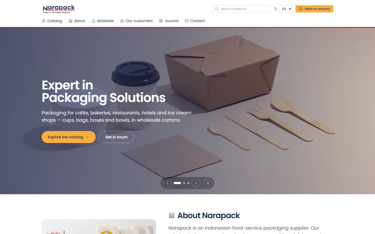 Narapack home page with the headline “Expert in Packaging Solutions” over paper food packaging