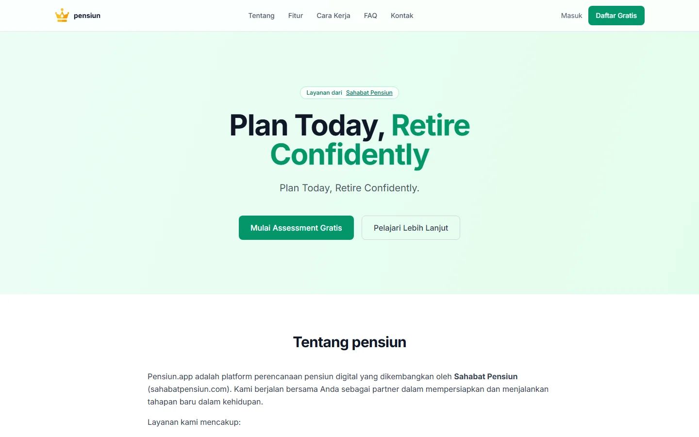 Pensiun.app home page with the headline “Plan Today, Retire Confidently”