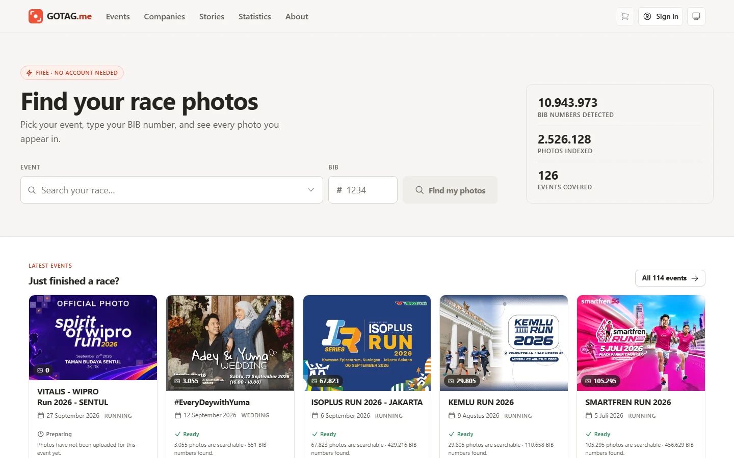GoTag.me home page with an event and BIB number search form and live statistics