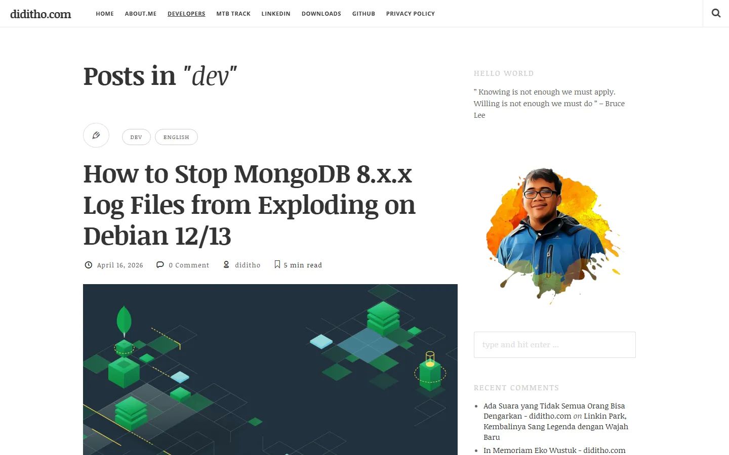 The diditho.com developer notes, with a MongoDB guide on top and the author’s portrait, search and recent comments in the sidebar