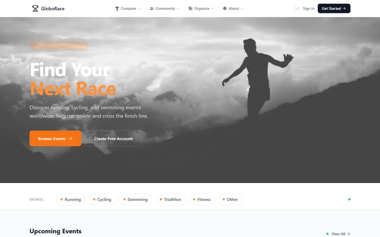 GloboRace home page with the headline “Find your next race” over a runner silhouette