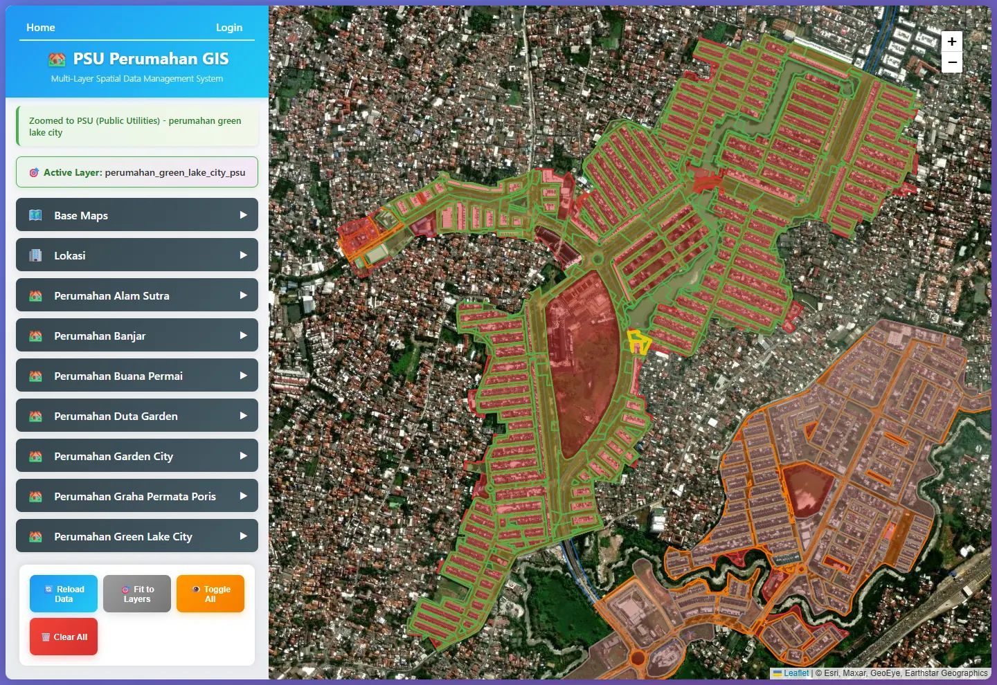 Satellite view of one housing estate with its plot, road and public-utility layers outlined