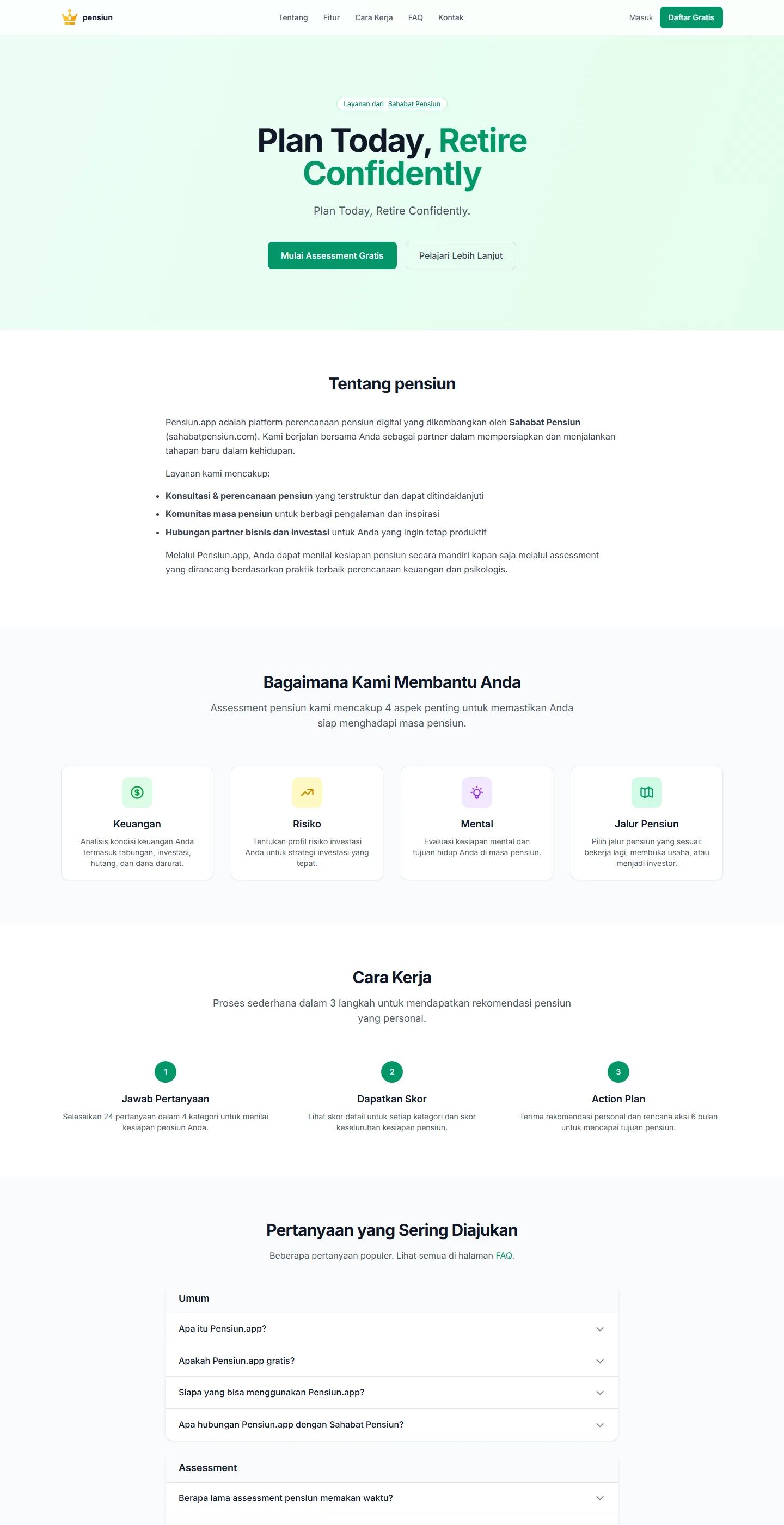 Full Pensiun.app home page describing the platform and its services