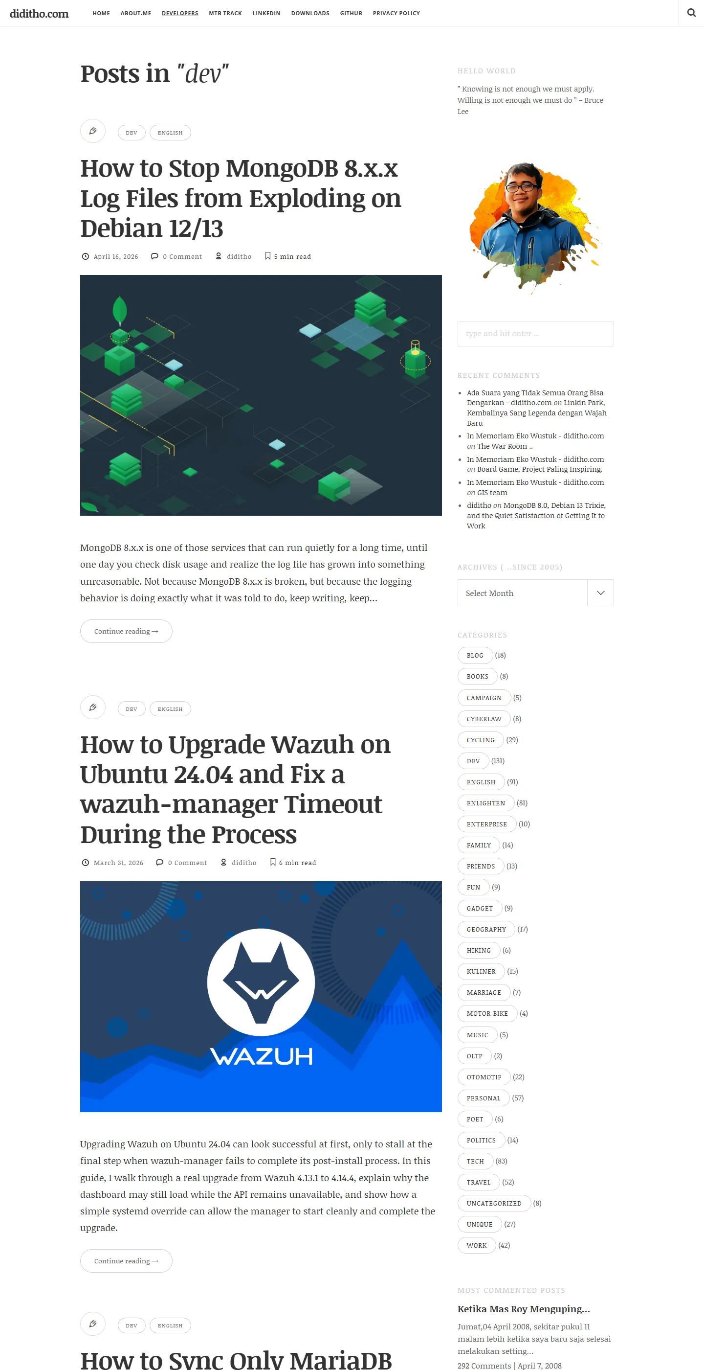 The developer notes page with guides for MongoDB and Wazuh, next to the archives since 2005, the categories and the most commented posts