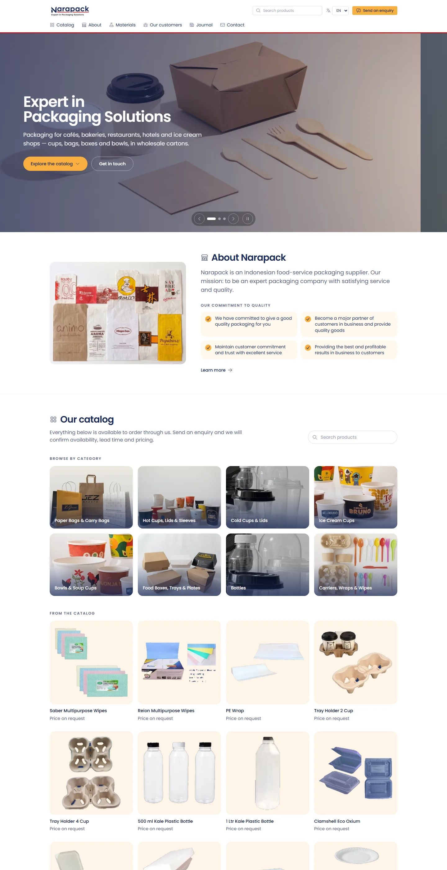 Full Narapack home page with product categories and customers
