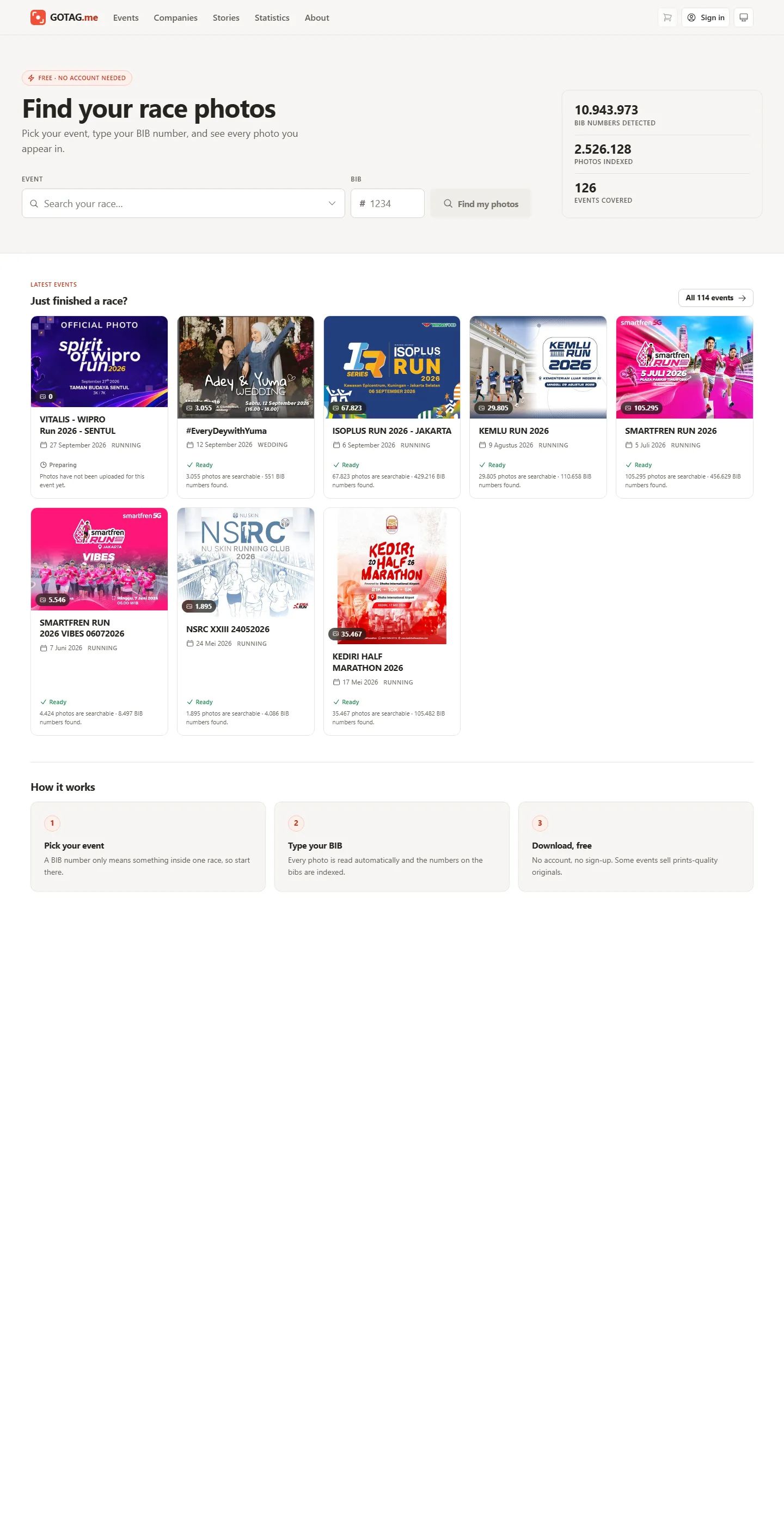 Full GoTag.me home page with the latest race events