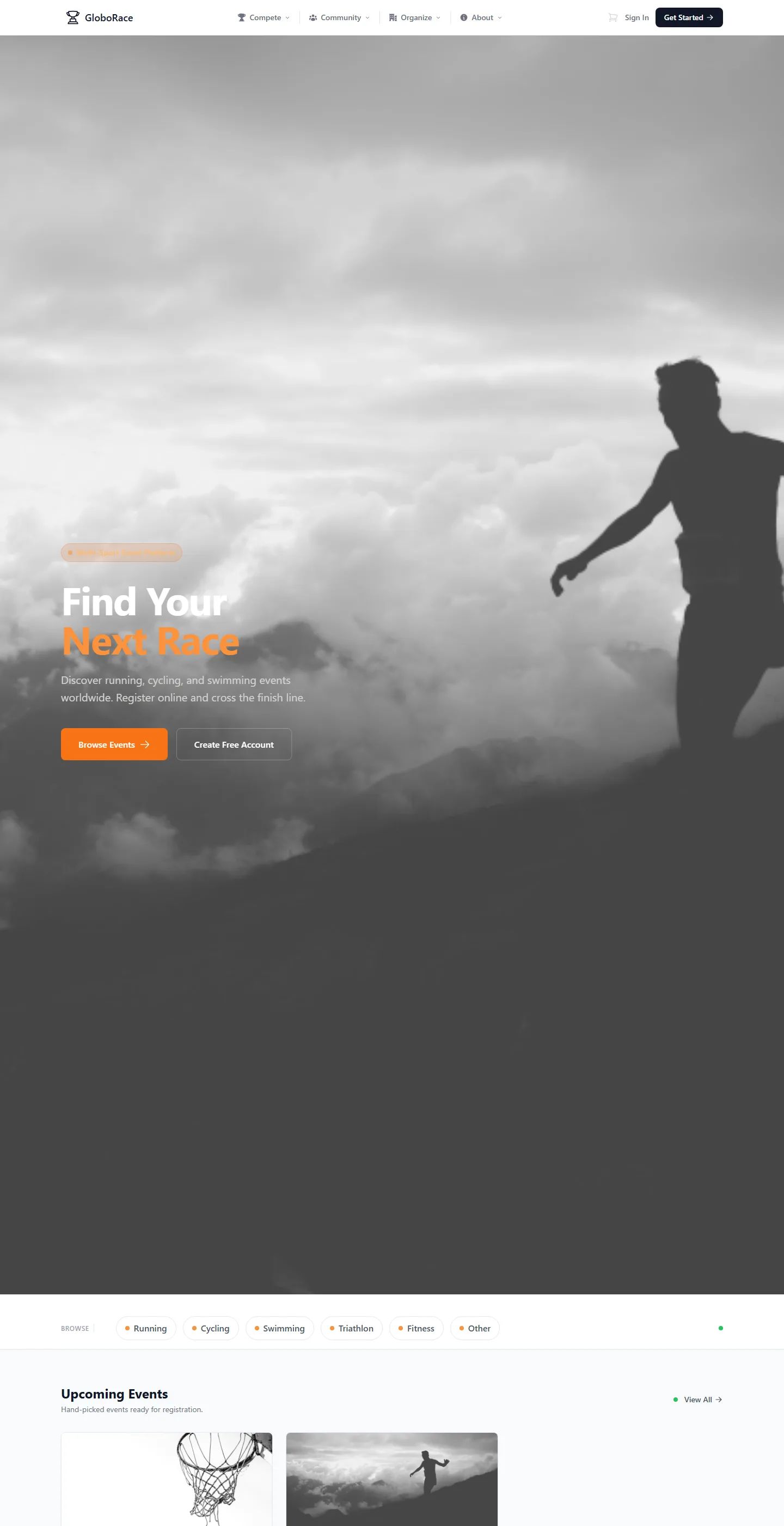 Full GloboRace home page with sport categories and upcoming events