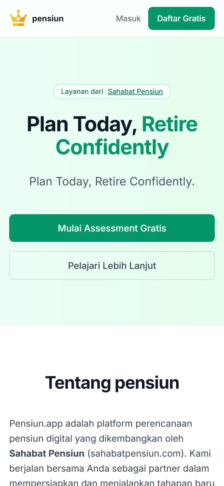 Pensiun.app on a phone with the free assessment call to action