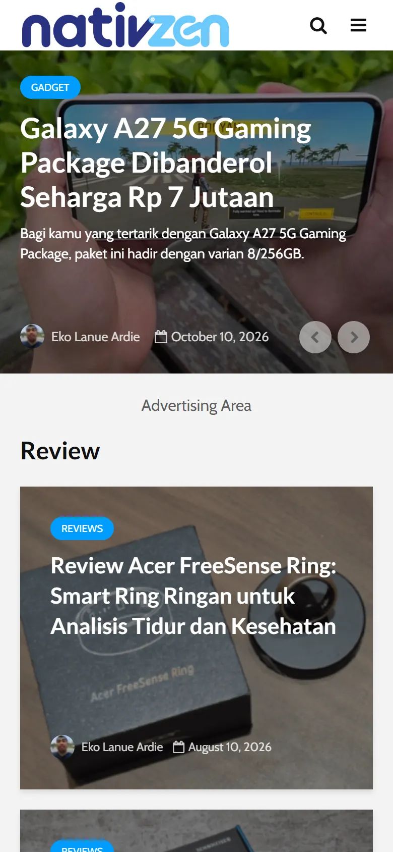 NativZen di ponsel, dengan berita pilihan dan rubrik ulasan