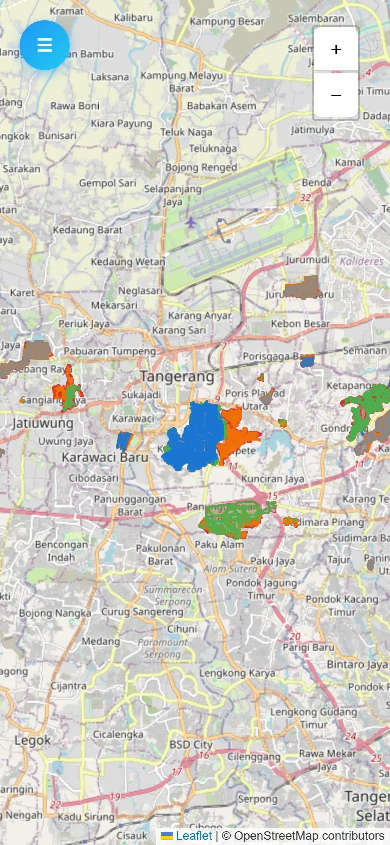 The PSU map on a phone, with housing estates highlighted around Tangerang