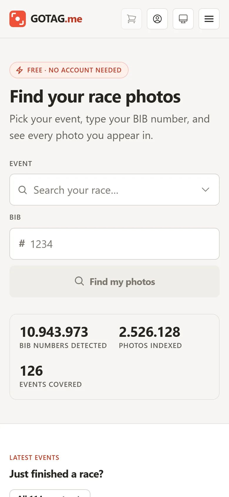 GoTag.me on a phone, showing the BIB photo search